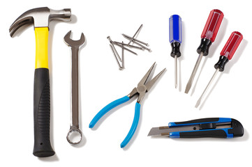 Construction carpenter mechanic tools isolated on white background