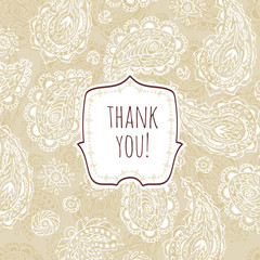 Thank you. The artwork in the style of Paisley. Vector image of heart patterns. Vignette with text. The template cards.