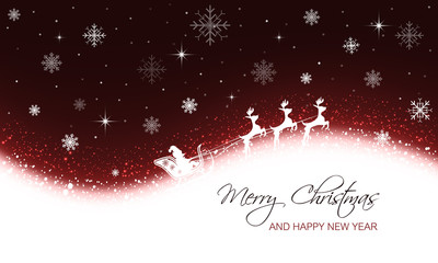 Christmas greeting card with snowfall, snowflakes, stars and Santa on sleigh with reindeer.