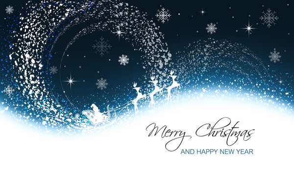 Christmas greeting card with snowfall, snowflakes, stars and Santa on sleigh with reindeer.