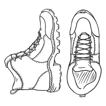 Vector Sketch Illustration - Extreme Hiking Boots. Side and Top View
