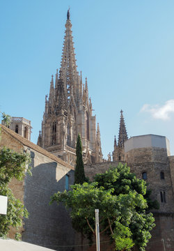 Barcelona, Spain the Cathedral of the Holy Cross and Saint Eulalia towers.
A Roman Catholic church in Gothic Revival style, with towers 53 meters high.
