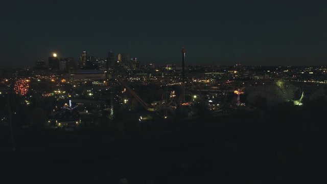 Aerial view of downtown Denver from Platte River at night