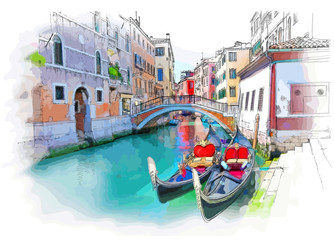 Venice - Calle Fondamenta Megio. Ancient building & gondola. Vector drawing