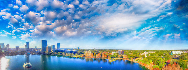 Orlando aerial view, skyline and Lake Eola at dusk - obrazy, fototapety, plakaty