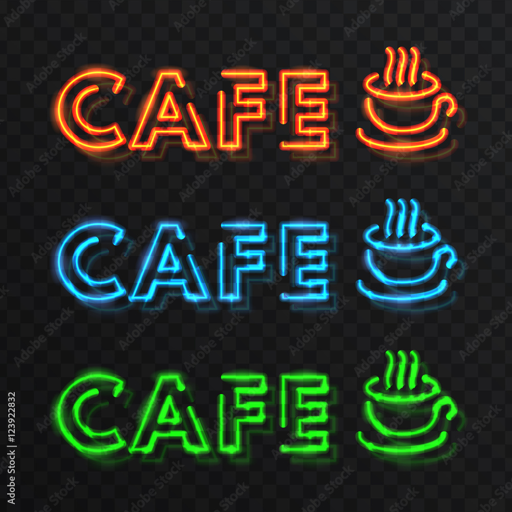 Poster illustration with the image of neon signs. retro design.objects are made and represent the old style