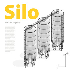 Silo isometric building infographic, big outlined grain seed silage on white background. Illustration set for article, agriculture, farming, husbandry. Flatten isolated master vector.