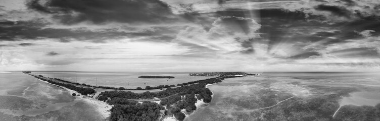 Overseas Highway and Florida Keys coastline, aerial sunset view