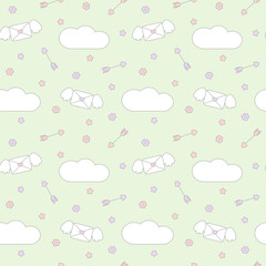 cute lovely seamless vector pattern background illustration with envelope, hearts, clouds, arrows, flowers and stars

