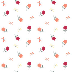 cute lovely seamless vector pattern background illustration with flowers and dragonflies

