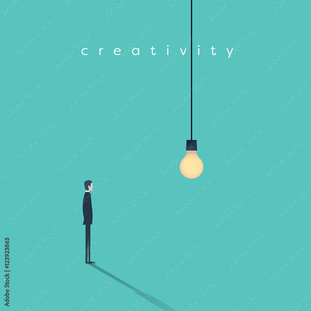Poster creative solution presentation with lightbulb lamp and a business man. creativity concept vector bac