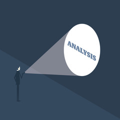 Businessman with a flashlight looking at word analysis on the wall. Symbol of searching for solution.