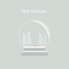Snow globe with christmas winter landscape vector background. Fox walking in frozen wonderland.