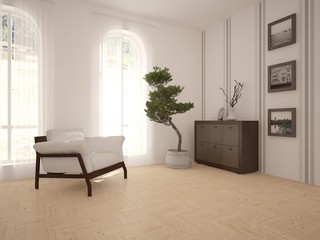 White interior design with armchair