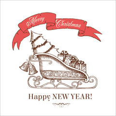 Vector Christmas card in vintage style with the image of Santa's sleigh with presents and christmas tree on white. Happy New Year