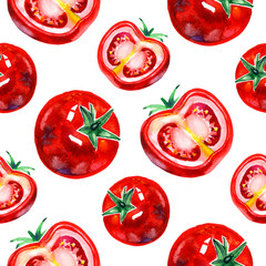 Watercolor hand drawn seamless pattern with red ripe tomatoes. eco food