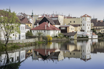 Fototapeta na wymiar Old Town View with Lake. Jindrichuv Hradec City in Czech Republic - Southern Bohemia.