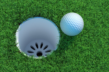 Golf ball on the green lawn. 3D illustration