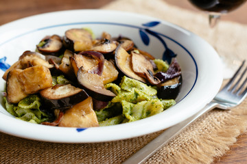 Pasta with Mushrooms and Eggplant and Spinach Walnut Pesto Sauce
