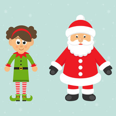 cartoon christmas elf girl and santa claus