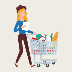 Woman with shopping cart full of food products