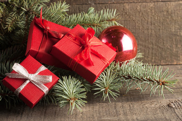 Luxury New Year gifts, different present boxes under Christmas tree in holiday eve, Christmastime celebration, home decorated with festive shiny balls, magic night