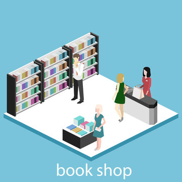 Isometric flat 3D interior of book shop.