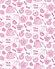 vector, design element, contour illustration, seamless pattern, tea time, heart, sweets, coffee, tea, breakfast