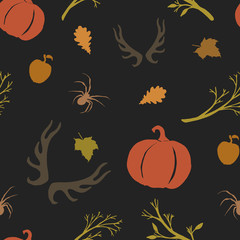 Halloween seamless pattern with leaves, pumpkins and spiders