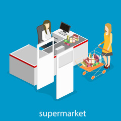 Obraz premium Isometric interior of grocery store. Shopping mall flat 3d isometric web vector illustration.
