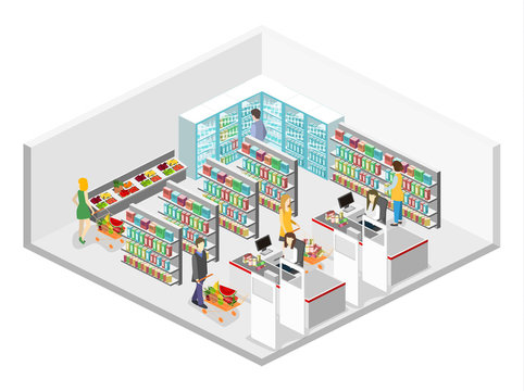 Isometric interior of grocery store. Shopping mall flat 3d isometric web vector illustration.