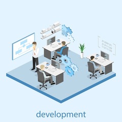 Flat 3D vector isometric concept illustration of office software developer and teamwork. .