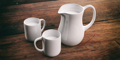 Jug and cups with milk. 3d illustration
