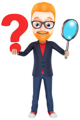 Cheerful man with red hair on a white background holding a magni