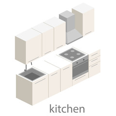 Isometric flat 3D interior of kitchen. full set of kitchen furniture vector ilustration.
