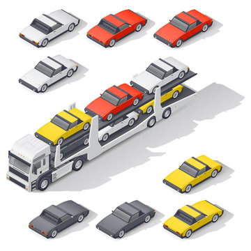 Transportation of vehicles loaded on board the car carrier isometric icon set