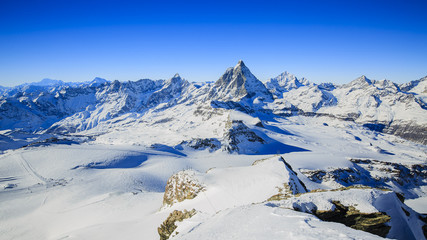 Panoramic view of Matterhorn on a clear sunny winter day, Zermat