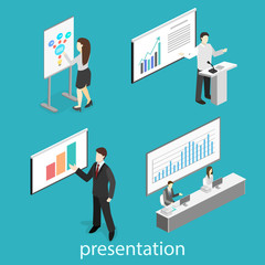 Business meeting in an office Business presentation meeting in conference hall. Flat 3D illustration.