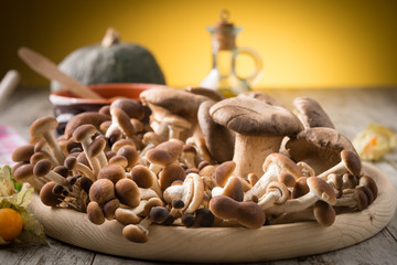 Misto di funghi freschi su un piatto tondo in legno su un tavolo 