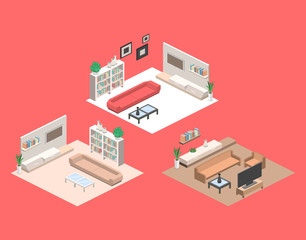 isometric interior of a modern living room.
