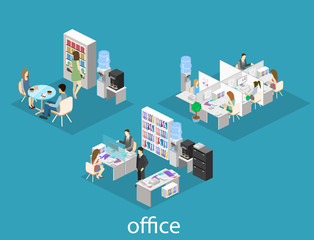 Flat 3d isometric abstract office floor interior departments concept . People working in offices.