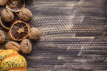 fall autumn thanksgiving concept background backdrop walnut pumpkin decoration