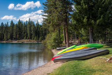 Canoes Beached at Lake Holland in Montana
