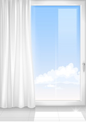 White room with white window and the white curtains. Modern interior in vector graphics