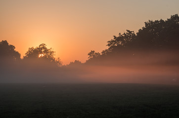 Fototapeta na wymiar Misty morning landscape of Little Poland, Poland