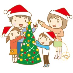 クリスマスツリーの飾りつけをする家族

