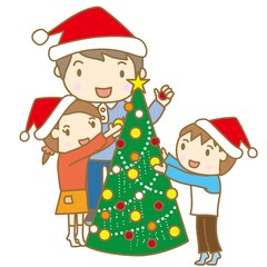 クリスマスツリーの飾りつけをする家族
