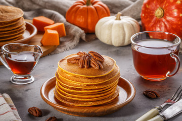Stack of homemade pumpkin pancakes.