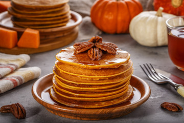 Stack of homemade pumpkin pancakes.