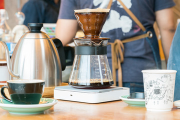 Drip brewing, filtered coffee, or pour-over is a method which involves pouring water over roasted, ground coffee beans contained in a filter.
